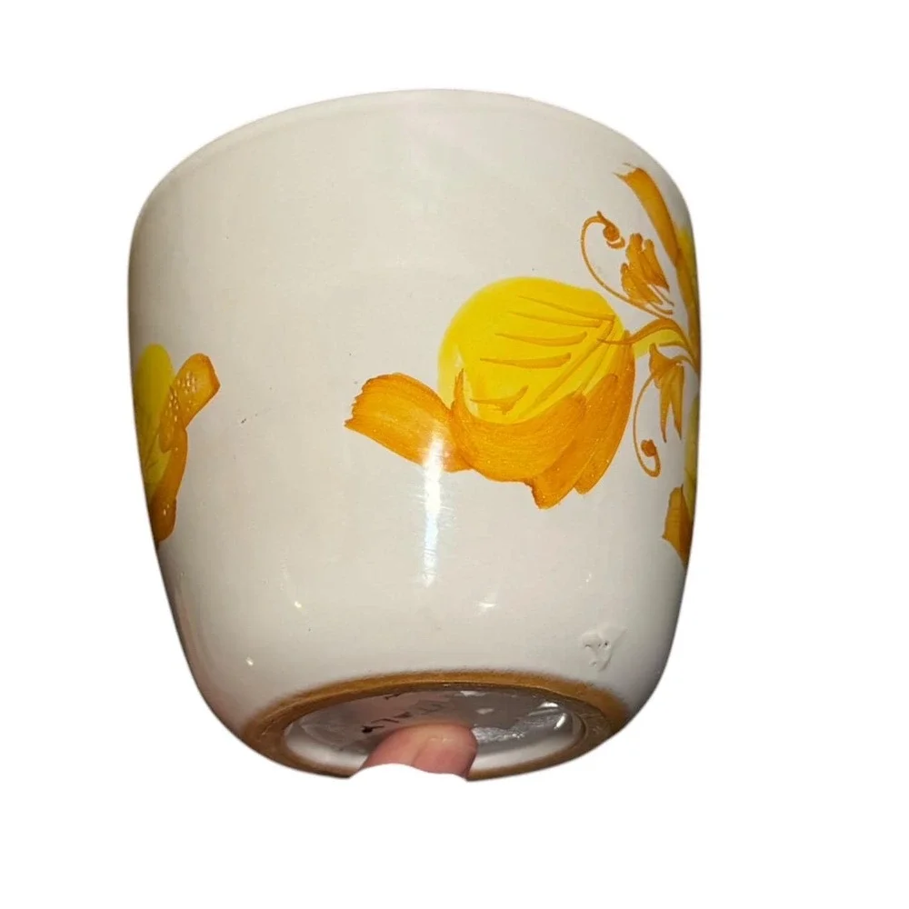 Vintage Italian Hand Painted Floral Ceramic Planter Cache Pot Yellow